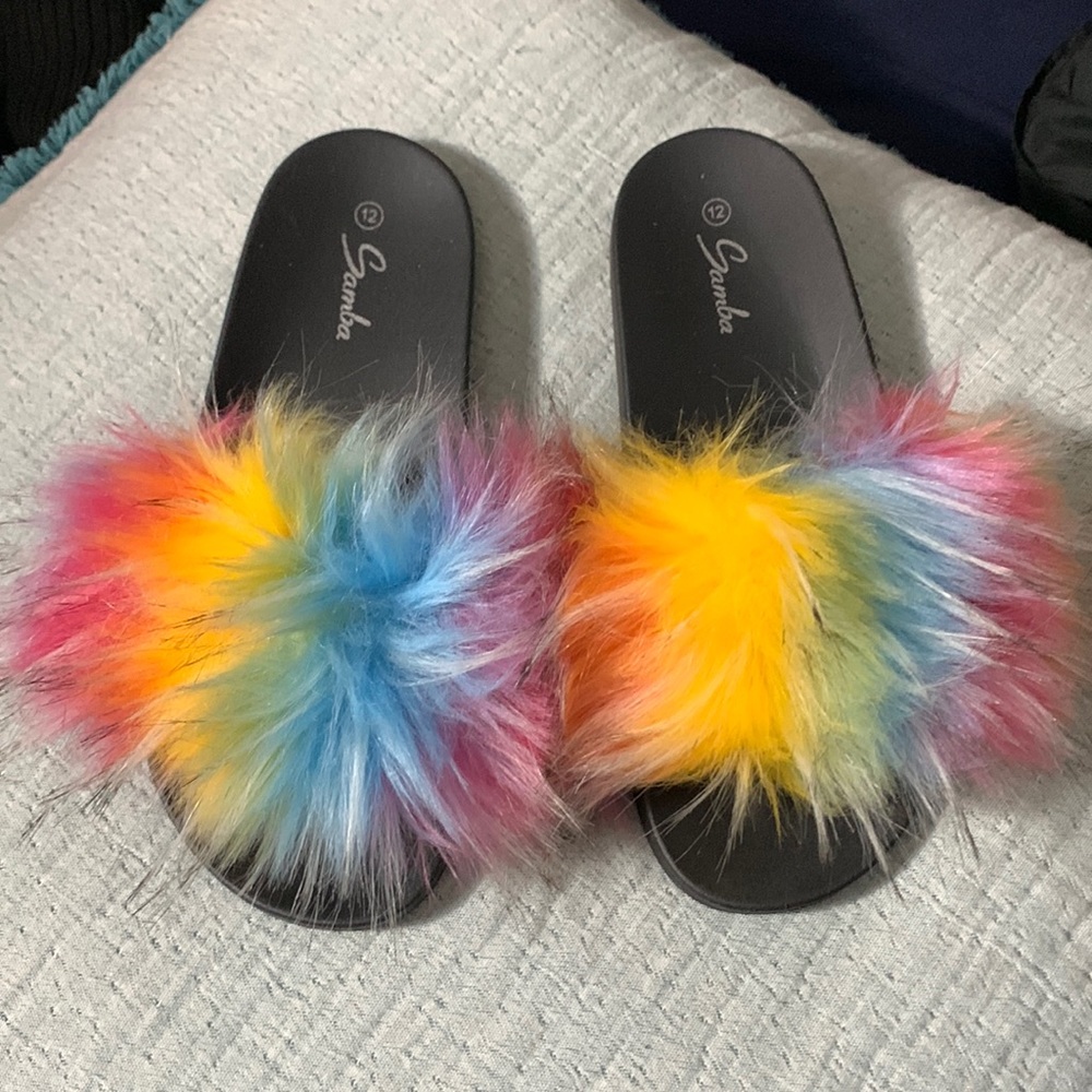 Rainbow fur sandals. Size 12.